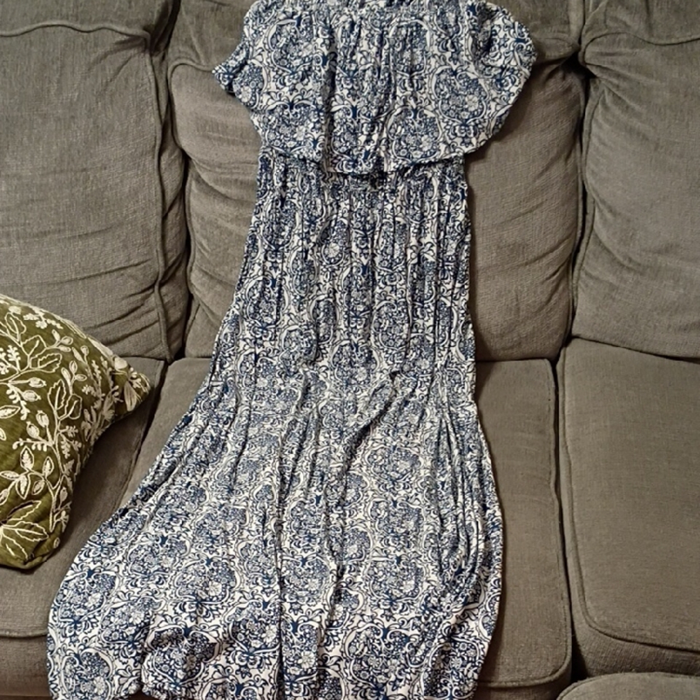 Strapless Medium Blue & White Maxi